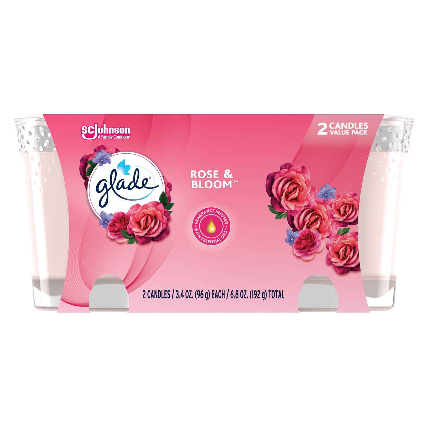 Glade Small Candle, Scented Candles, Rose & Bloom, 2 x 3.4 oz