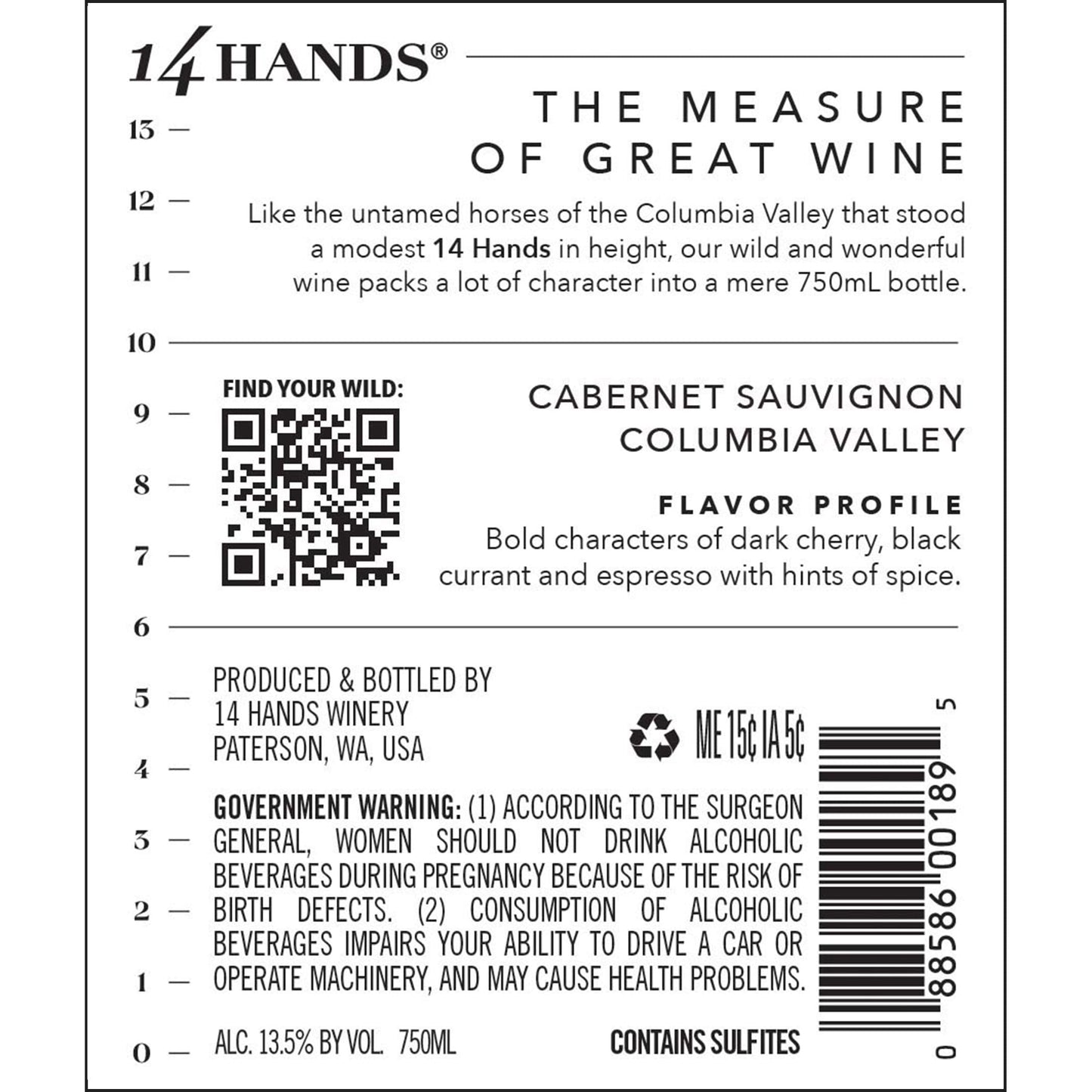 14 Hands Washington Cabernet Sauvignon Red Wine, 750 ml Bottle, 13.5% ABV
