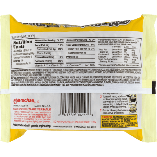 Maruchan Ramen Noodle Creamy Chicken Flavor Soup, 3 oz Shelf Stable Package