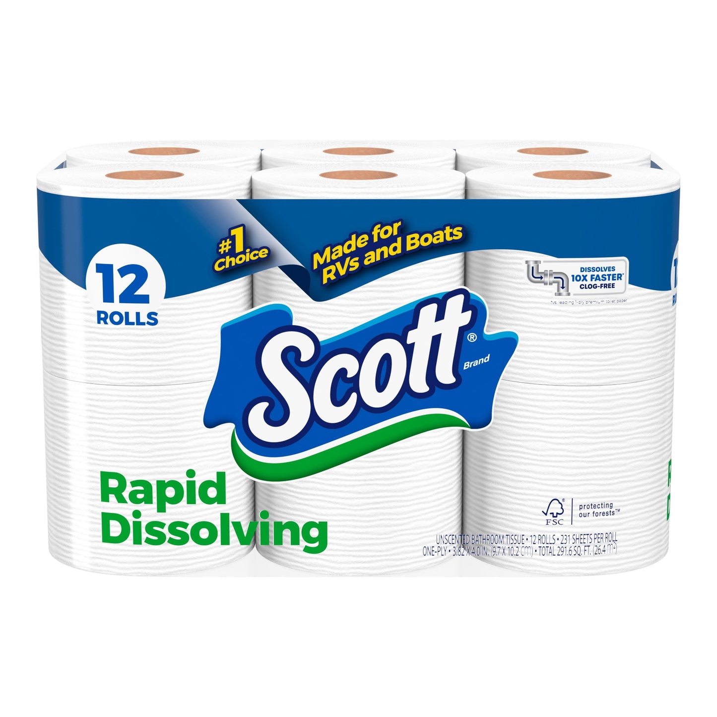 Scott Rapid-Dissolving Toilet Paper for RVs & Boats, 12 Double Rolls, 231 Sheets Per Roll (2,772 Total)