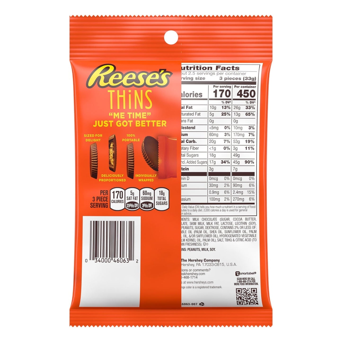 Reese's Thins Milk Chocolate Peanut Butter Cups Candy, Bag 3.1 oz
