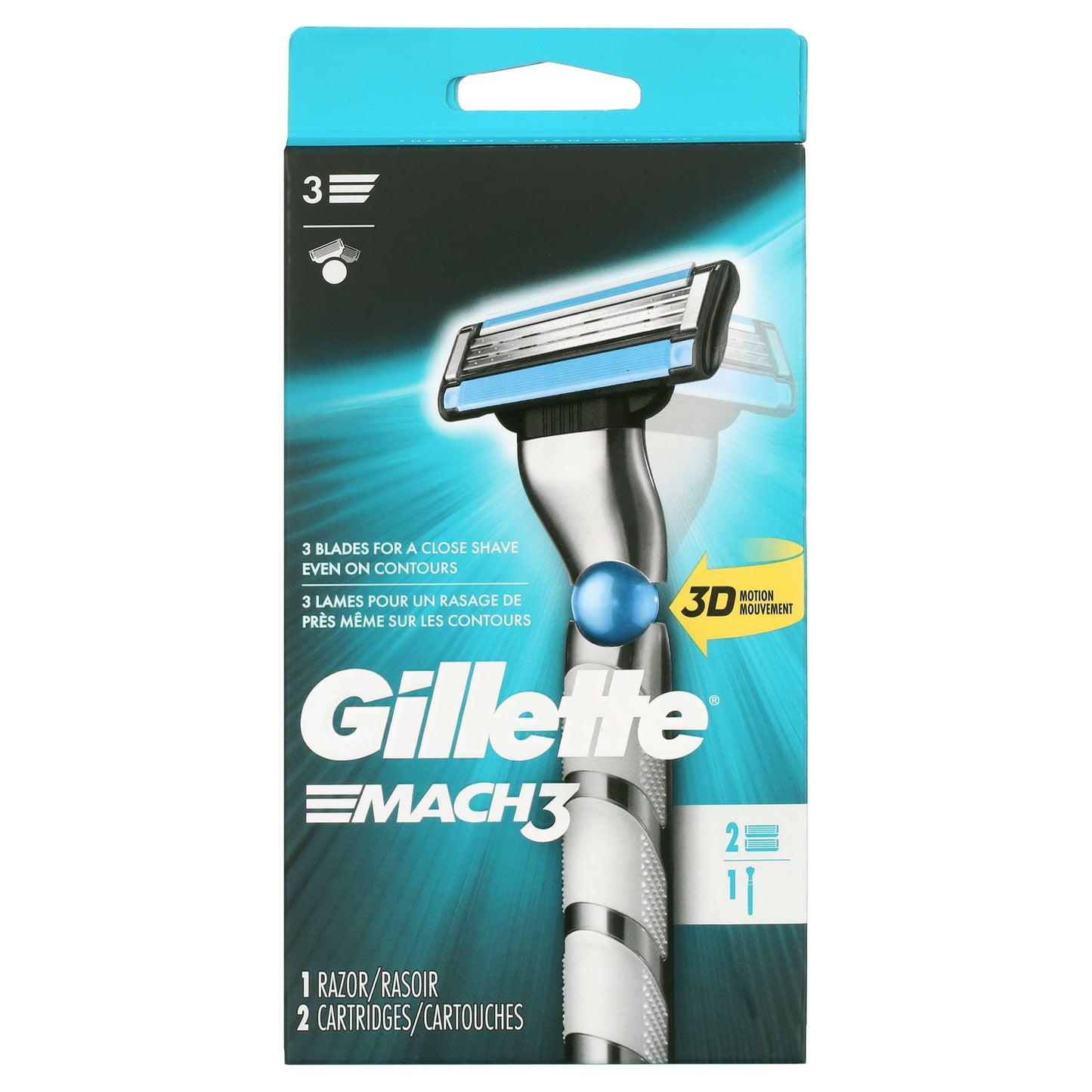 Gillette Mach3 3D Men's Razor Handle and 2 Blade Refills, Silver