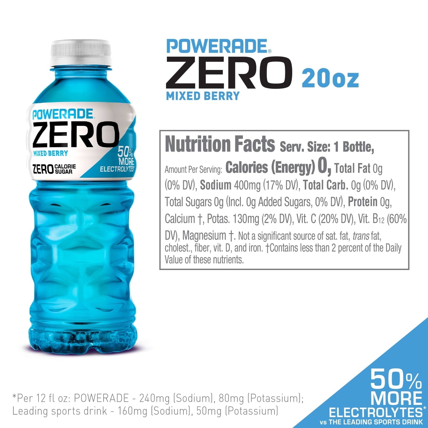 POWERADE Electrolyte Enhanced Zero Sugar Mixed Berry Sport Drink, 20 fl oz, 8 Count Bottles