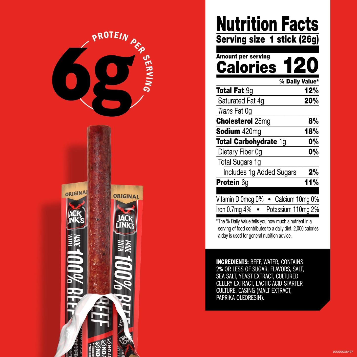 Jack Link’s Beef Sticks, 100% Beef, Original, 12g Protein per Stick, 0.92 oz Stick