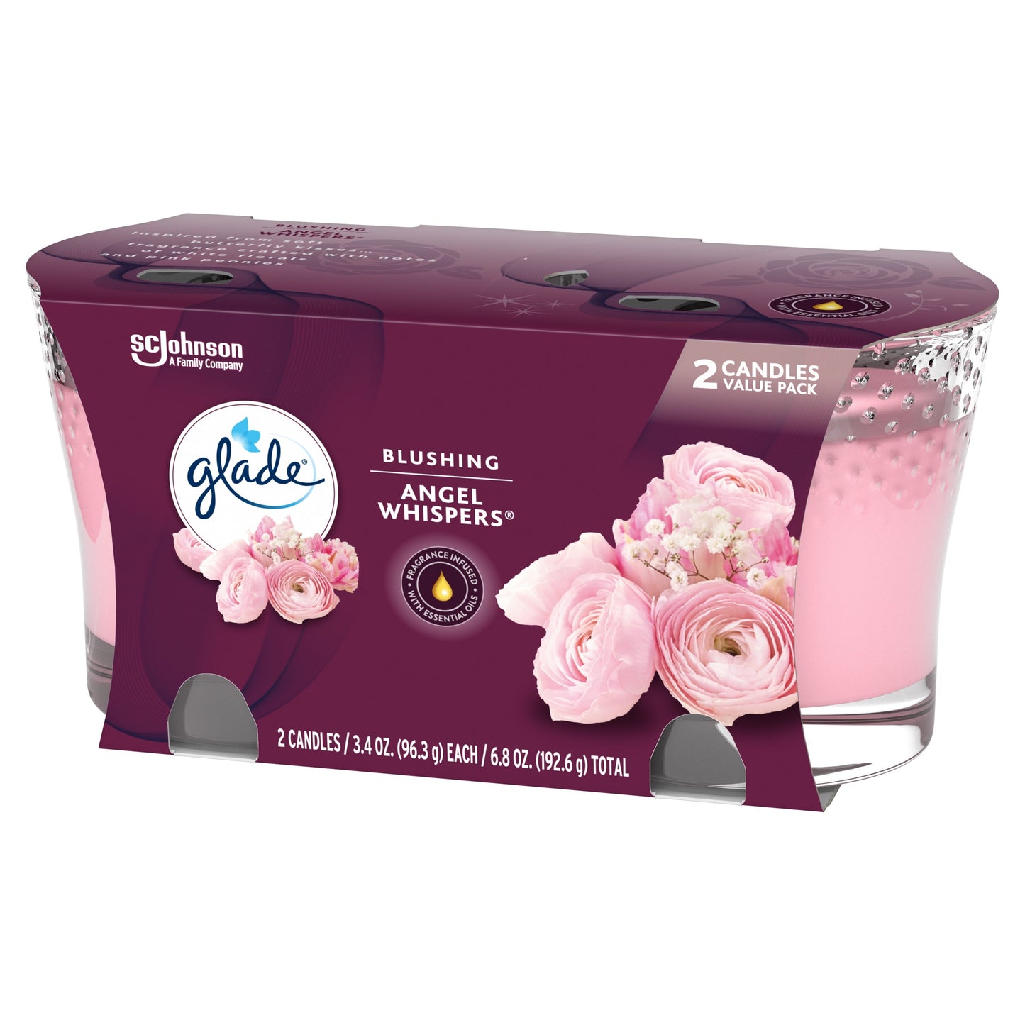 Glade Candle Angel Whispers Scent, 1-Wick, 3.4 oz (96.3 g) Each, 2 Counts, Fragrance Infused with Essential Oils, Notes of Bulgarian Rose, Peach, White Floral Bouquet, Lead-Free Wick Scented Candles