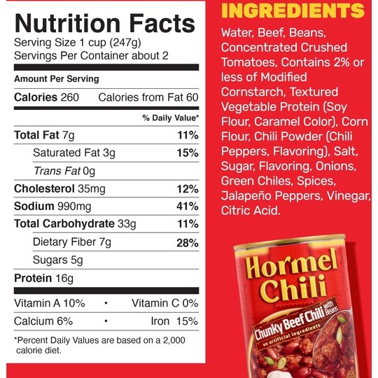 HORMEL Chili Chunky Beef Chili with Beans, No Artificial Ingredients, 15 oz Aluminum Can