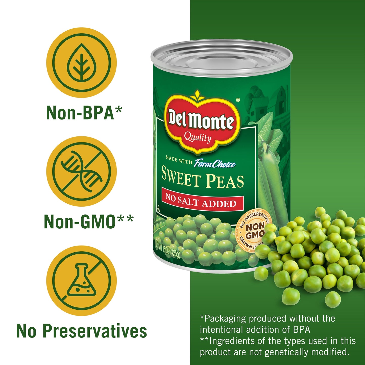 Del Monte No Salt Added Sweet Peas, 15 oz Can