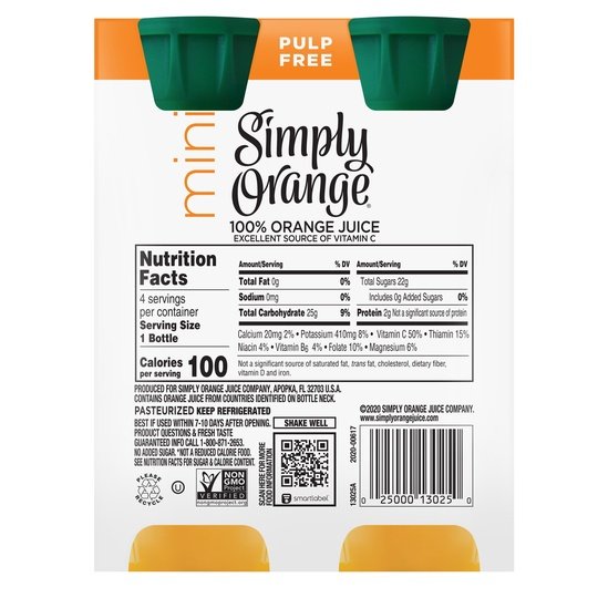 Simply Non GMO No Pulp Orange Fruit Juice, 8 fl oz, 4 Bottles