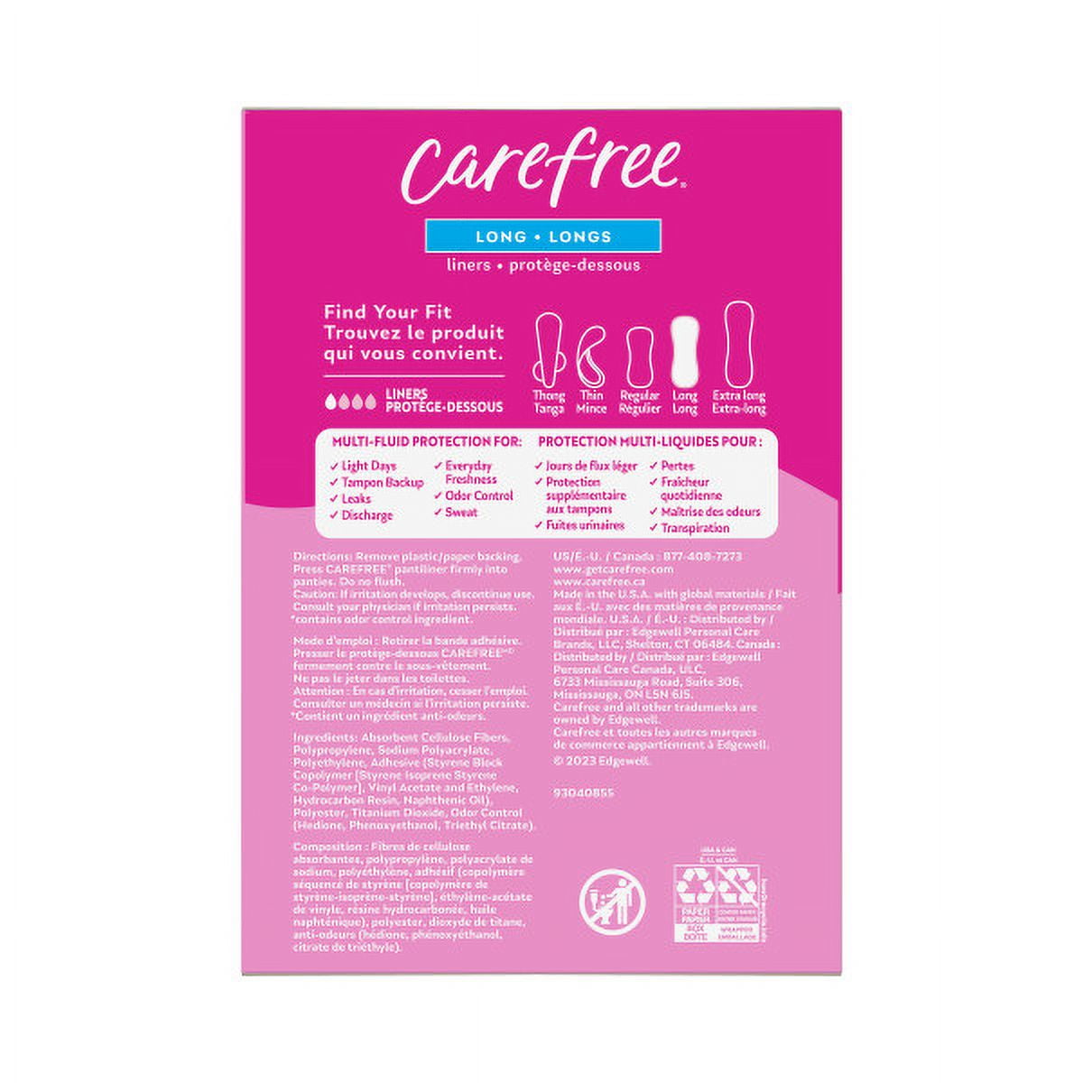 CAREFREE® Panty Liners, Long, Flat, Unscented, 8 Hour Odor Control, 92ct