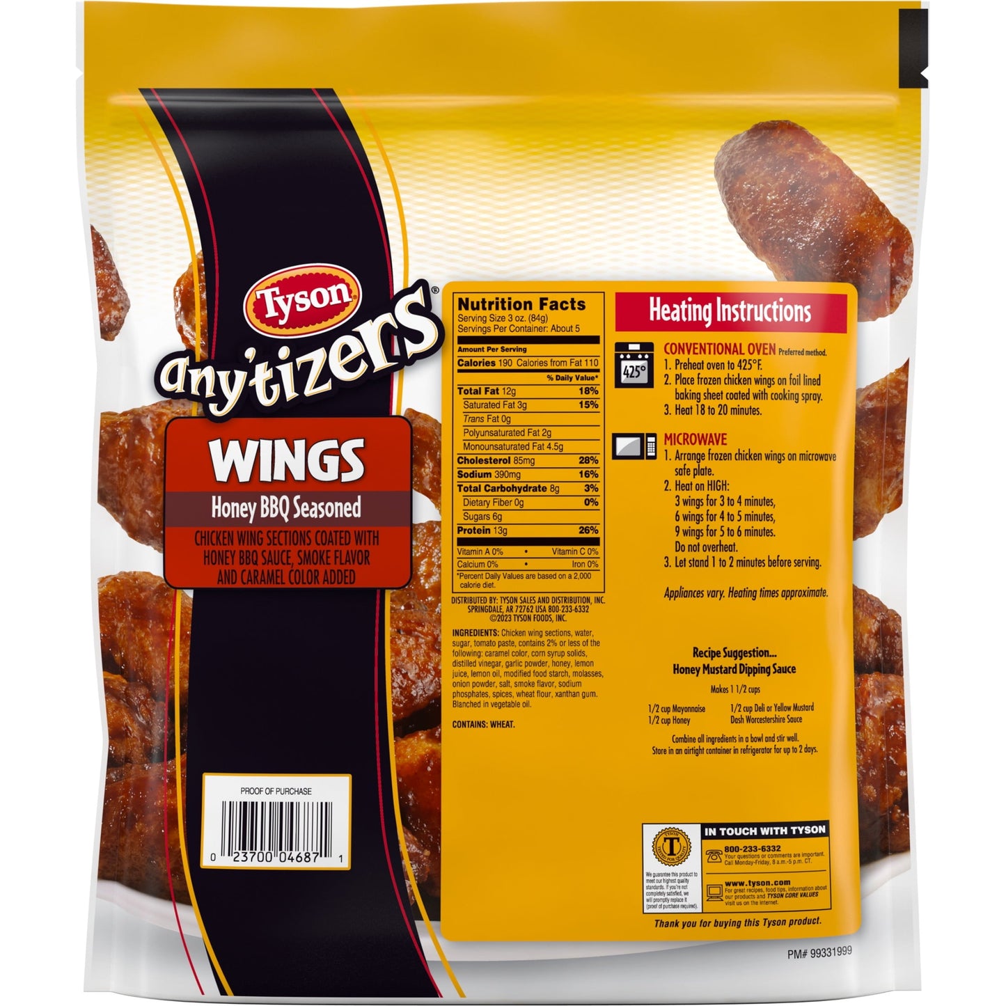 Tyson Any'tizers Honey BBQ Seasoned Chicken Wings, 1.37 lb (Frozen)