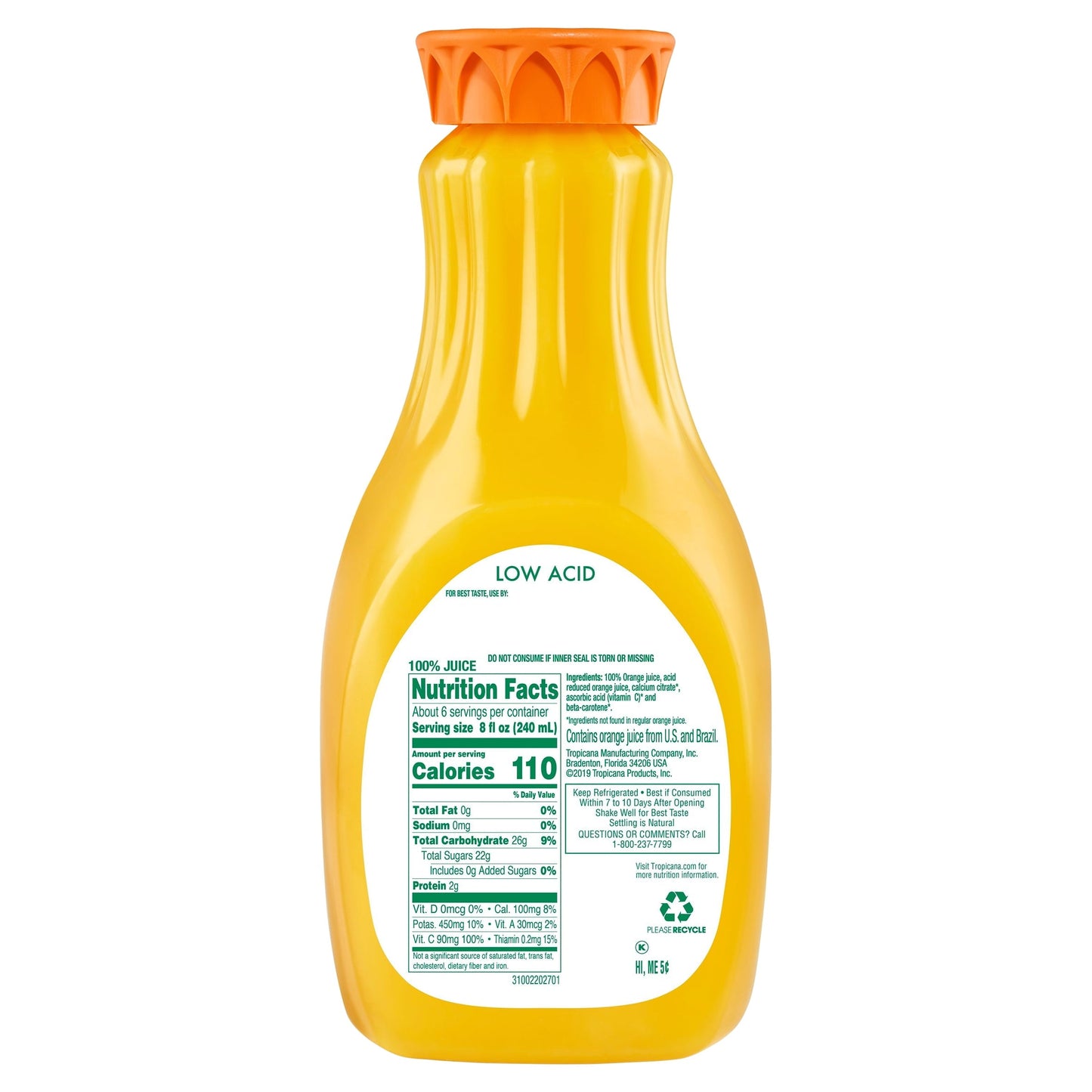 Tropicana Pure Premium Low Acid 100% Juice Orange No Pulp with Vitamins A and C 52 fl oz Bottle, Fruit Juice