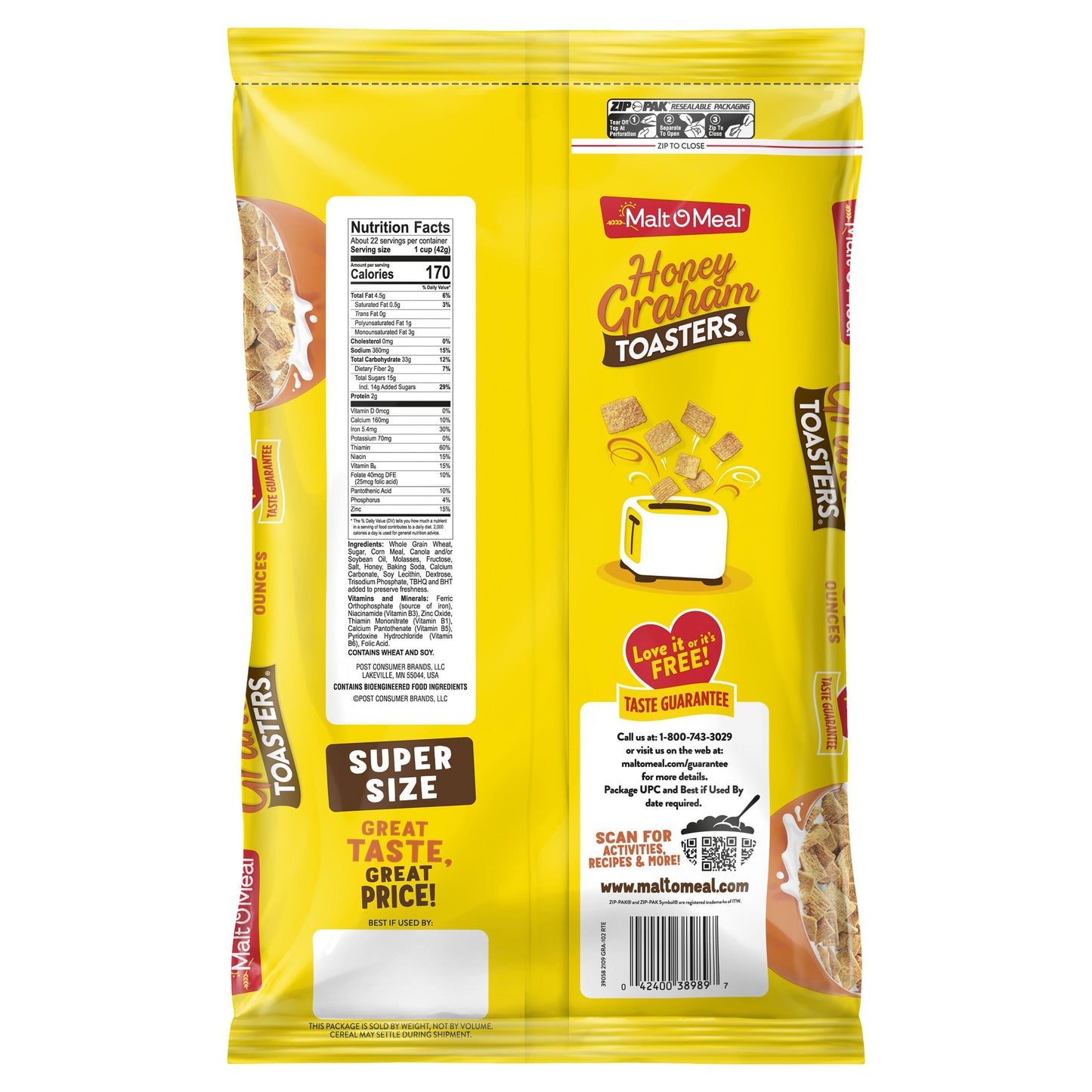Malt-O-Meal Honey Graham Toasters Breakfast Cereal, Honey Graham Cereal Squares, 32 oz Resealable Cereal Bag