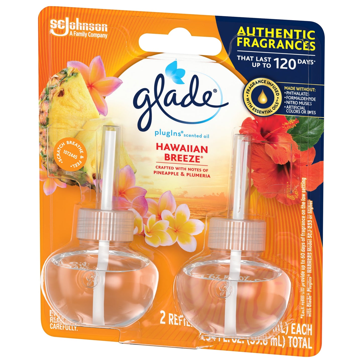 Glade PlugIns Refill 2 ct, Hawaiian Breeze, 1.34 FL. oz. Total, Scented Oil Air Freshener Infused with Essential Oils