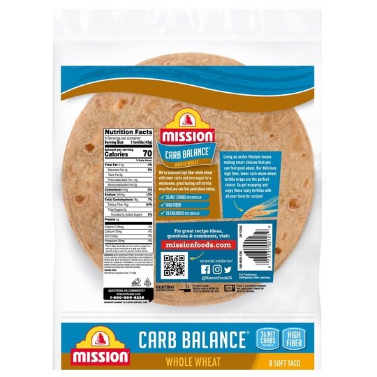 Mission Carb Balance Soft Taco Whole Wheat Tortillas, 8 Count