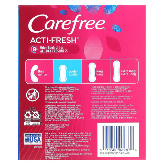 CAREFREE® Panty Liners, Regular, Flat, Unscented, 8 Hour Odor Control, 120ct