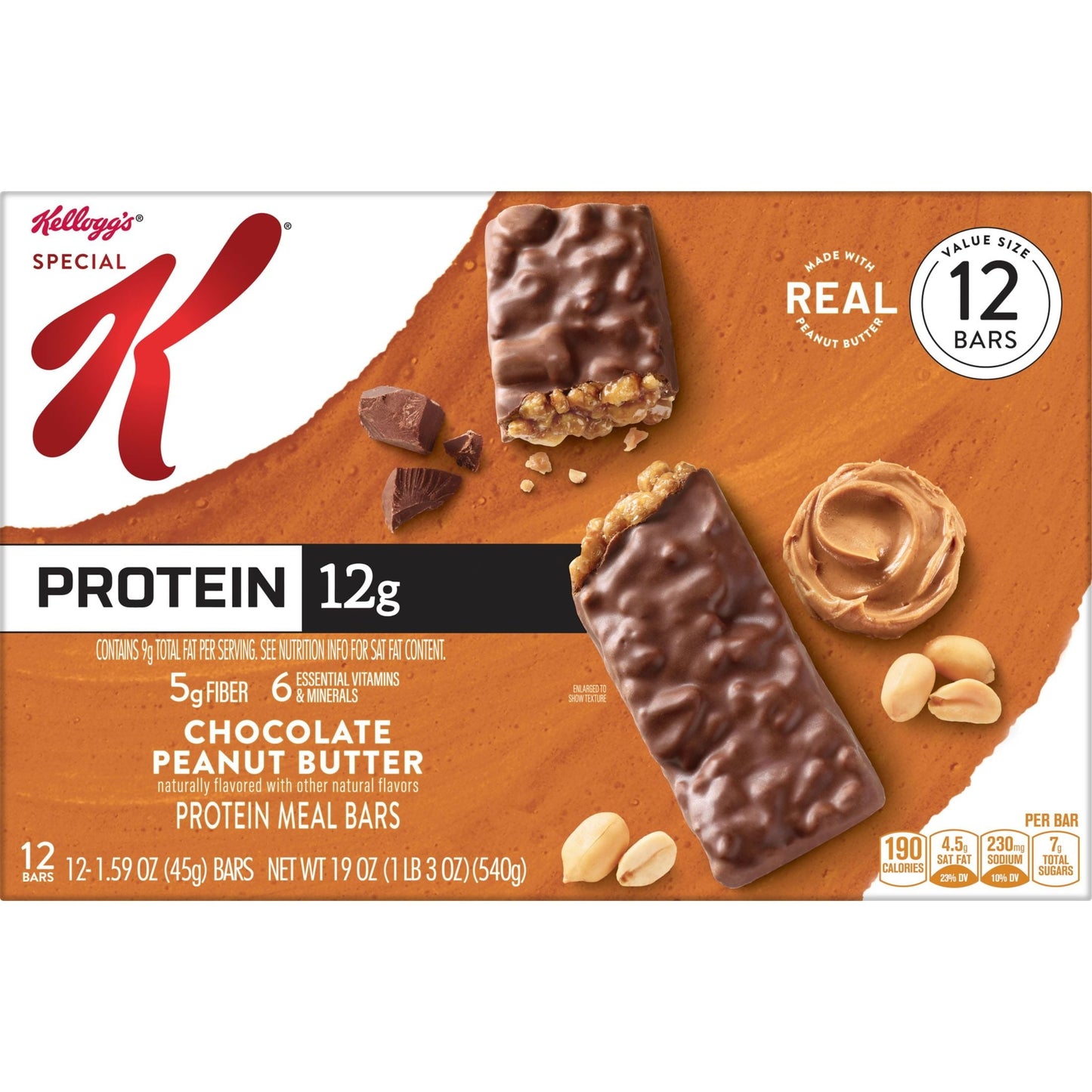 Kellogg's Special K Chocolate Peanut Butter Chewy Protein Meal Bars, Ready-to-Eat, 19 oz, 12 Count