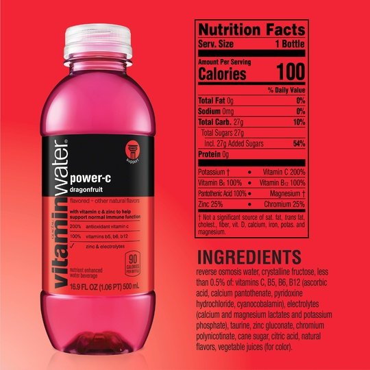 vitaminwater power-c electrolyte enhanced dragonfruit drink, 16.9 fl oz, 6 count bottles