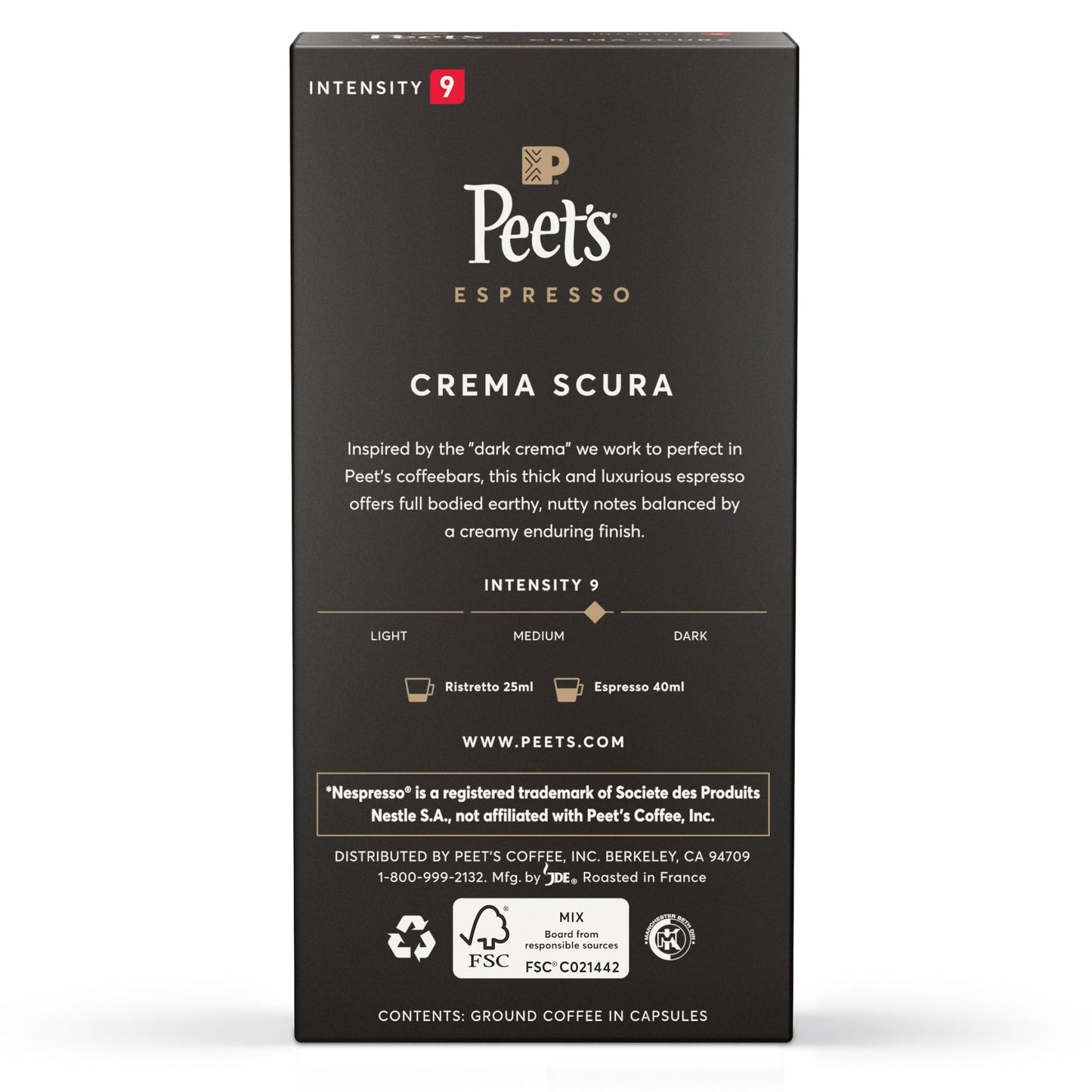 Peet's Coffee Crema Scura Espresso Coffee Pods, Premium Medium Roast Intensity 9, 10 Count, Single Serve Capsules Compatible with Nespresso Original