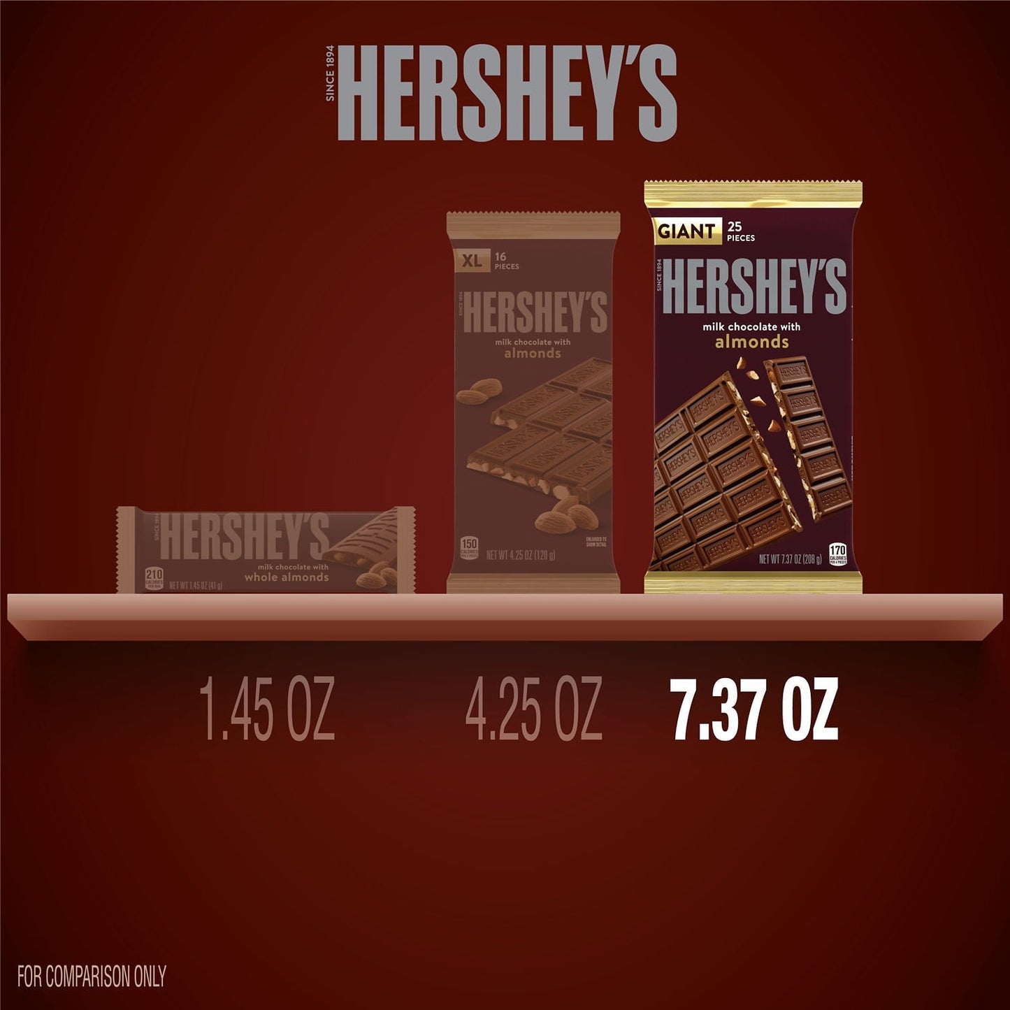 Hershey's Milk Chocolate with Almonds Giant Candy, Bar 7.37 oz, 25 Pieces