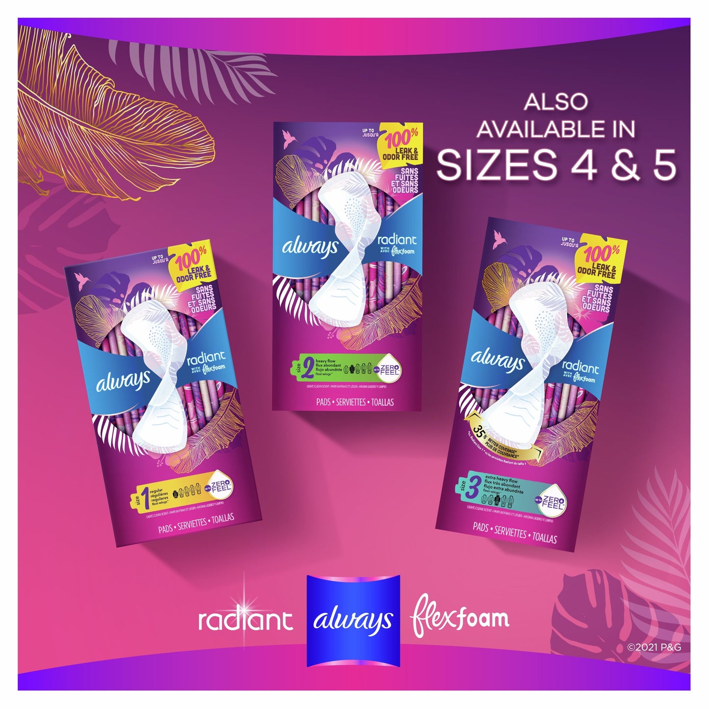 Always Radiant Feminine Pads with Wings, Size 1, Regular Absorbency, Scented, 30 Count
