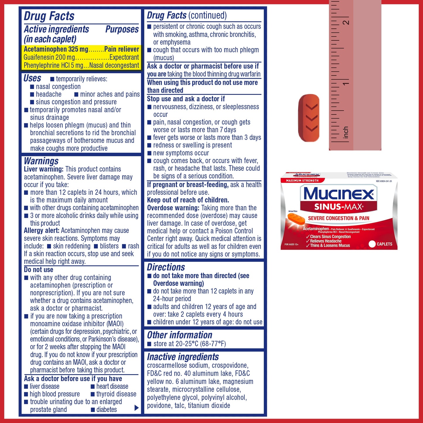 Maximum Strength Mucinex Sinus-Max Severe Congestion & Pain, Sinus Symptom Relief, Pain Reliever, Expectorant and Nasal Decongestant, 20 Caplets