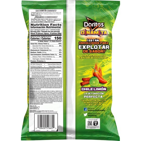 Doritos Dinamita Tortilla Chips Chile Limon, 10.75 oz