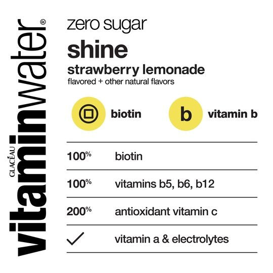 vitaminwater zero sugar shine, electrolyte enhanced water, strawberry lemonade, 20 fl oz