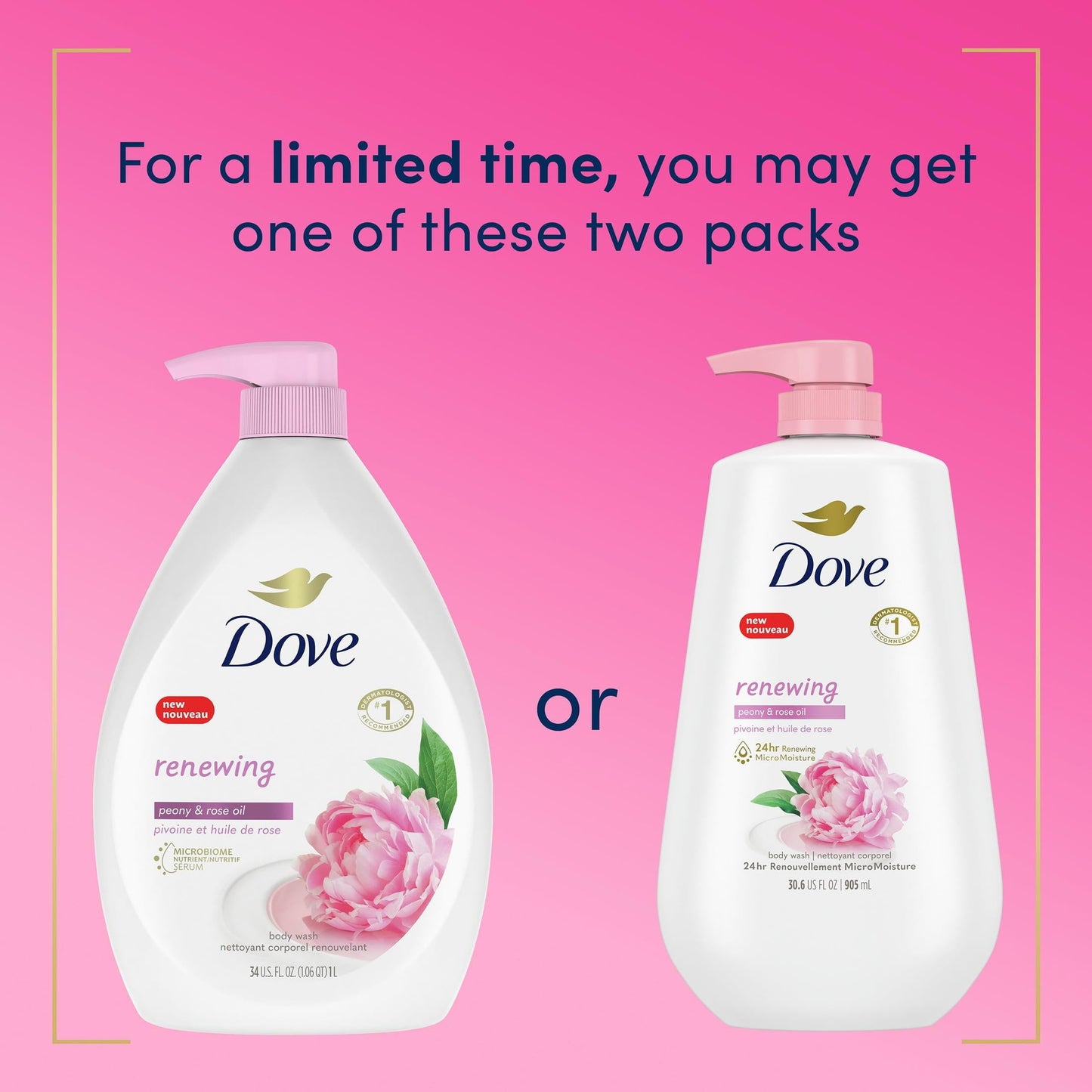 Dove Renewing Long Lasting Gentle Body Wash, Peony and Rose Oil, 30.6 fl oz