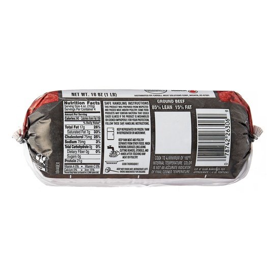 85% Lean/15% Fat Ground Beef Roll, 1lb (Frozen)