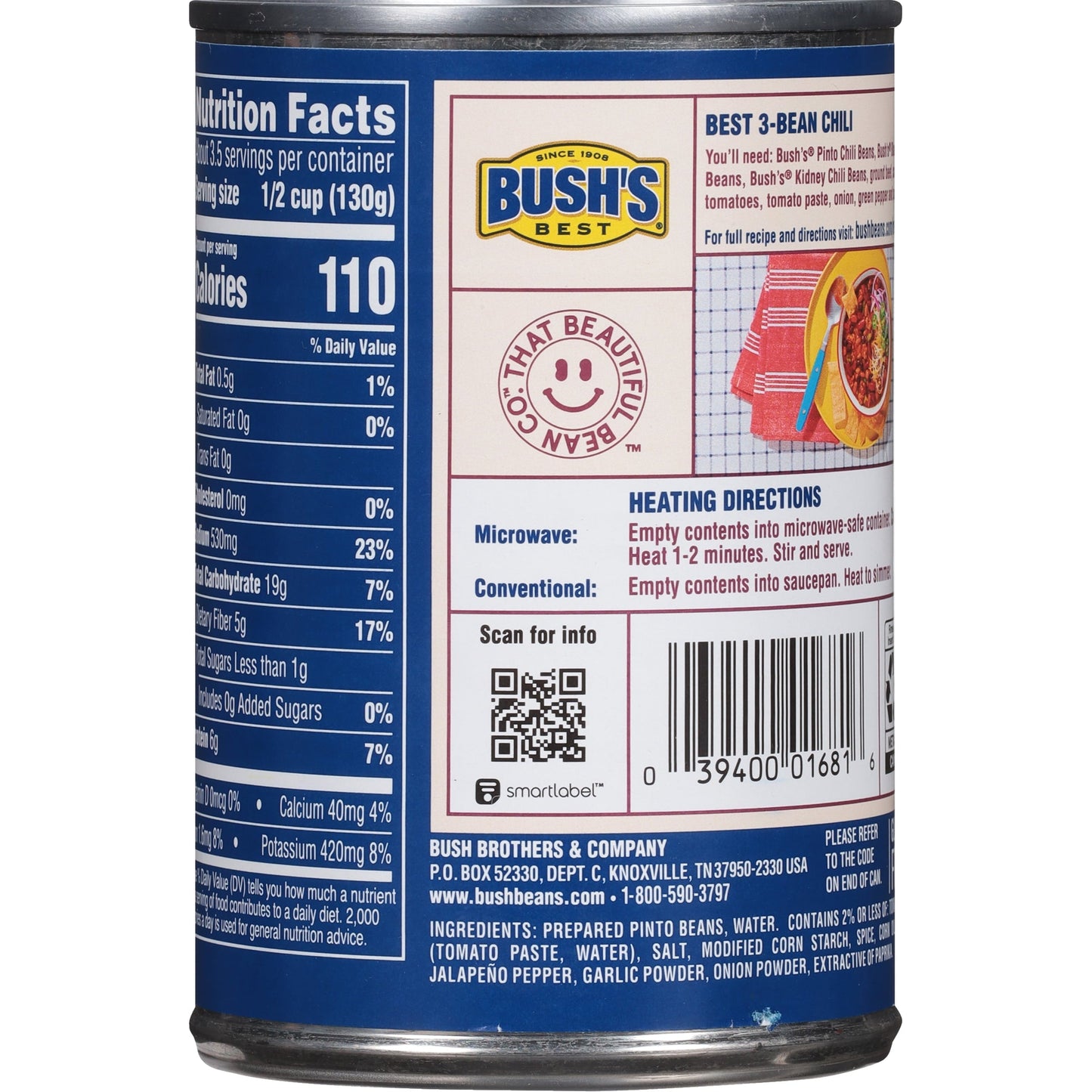 Bush's Chili Beans, Canned Pinto Beans in Hot Chili Sauce, 16 oz Can