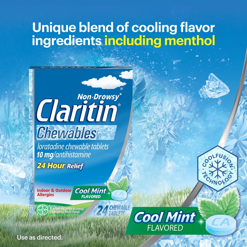 Claritin 24 Hour Non-Drowsy Allergy Medicine, Antihistamine Cool Mint Chewable Tablet, 24 Ct