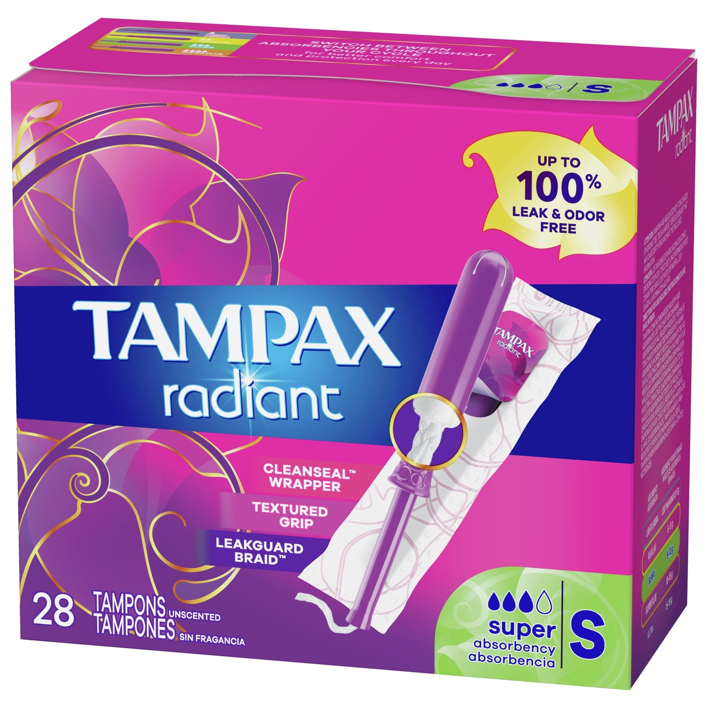 Tampax Radiant Tampons with LeakGuard Braid, Super Absorbency, 28 Count