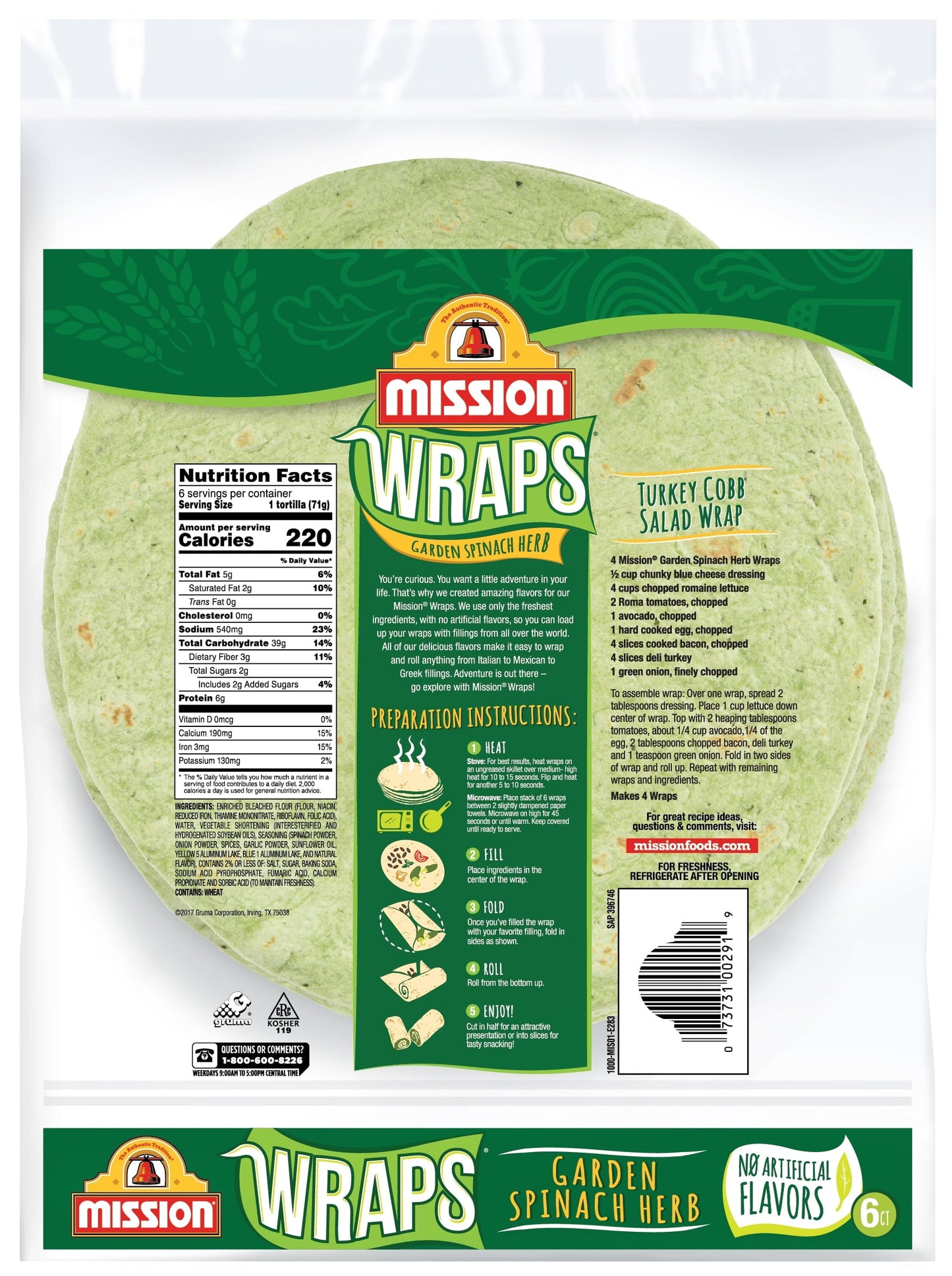 Mission Garden Spinach Herb Wraps, 6 Count