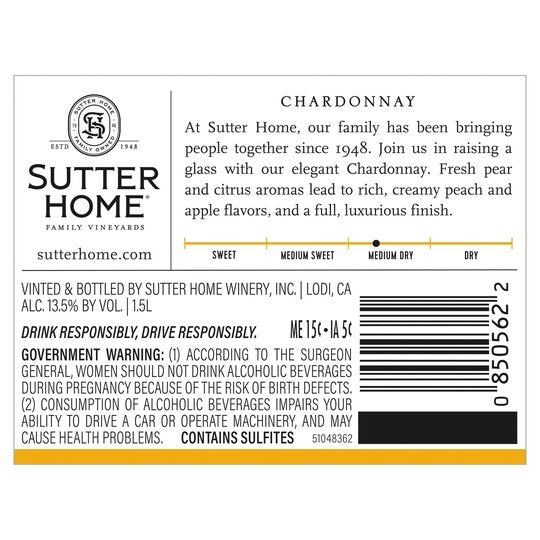 Sutter Home Chardonnay White Wine, 1.5 L Bottle