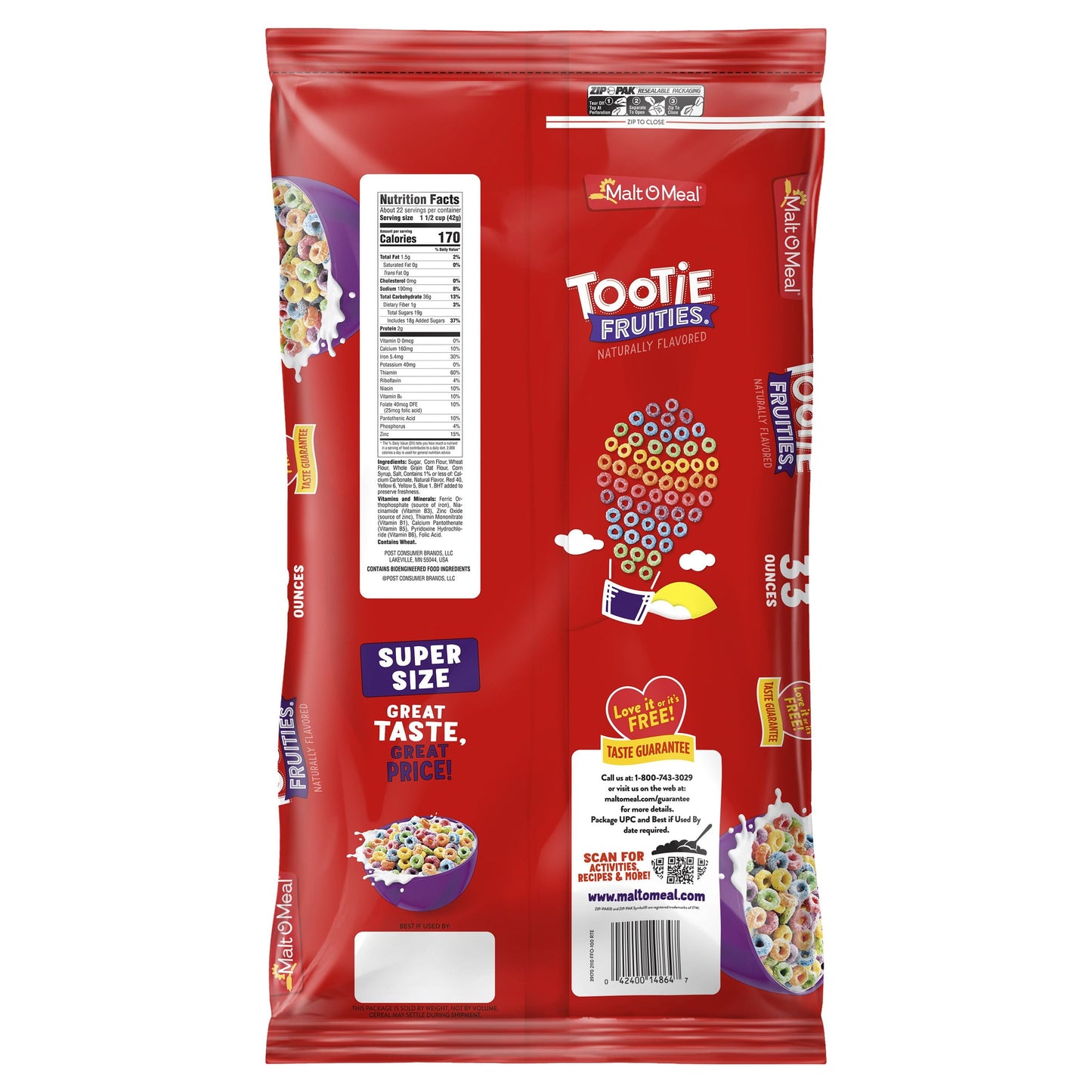 Malt-O-Meal Tootie Fruities Cereal, Fruity Breakfast Cereal, 33 oz Resealable Cereal Bag