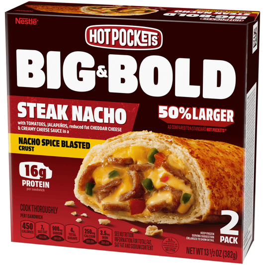 Hot Pockets Frozen Snacks, Big and Bold Steak Nacho, Cheddar Cheese, 2 Giant Sandwiches