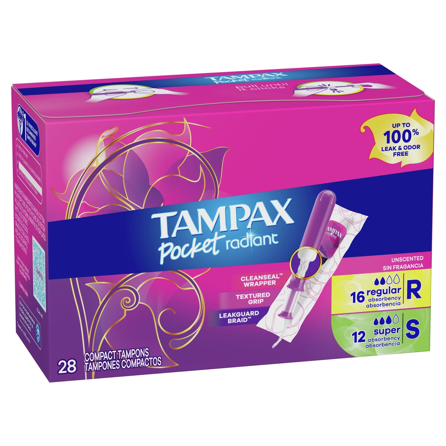 Tampax Pocket Radiant Tampons with LeakGuard Braid, DuoPack Regular/Super Absorbency, 28 Ct