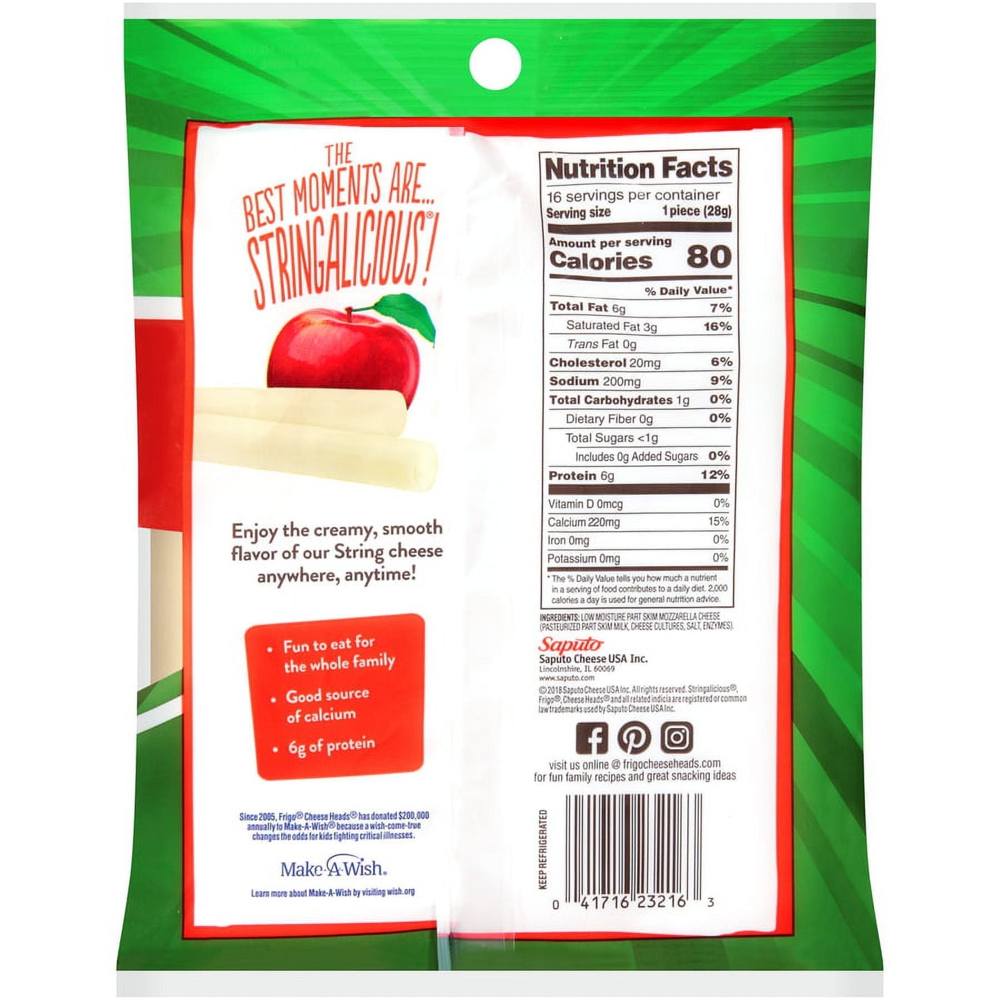 Frigo Cheese Heads Original Mozzarella String Cheese Snacks, 16 oz, 16 Count