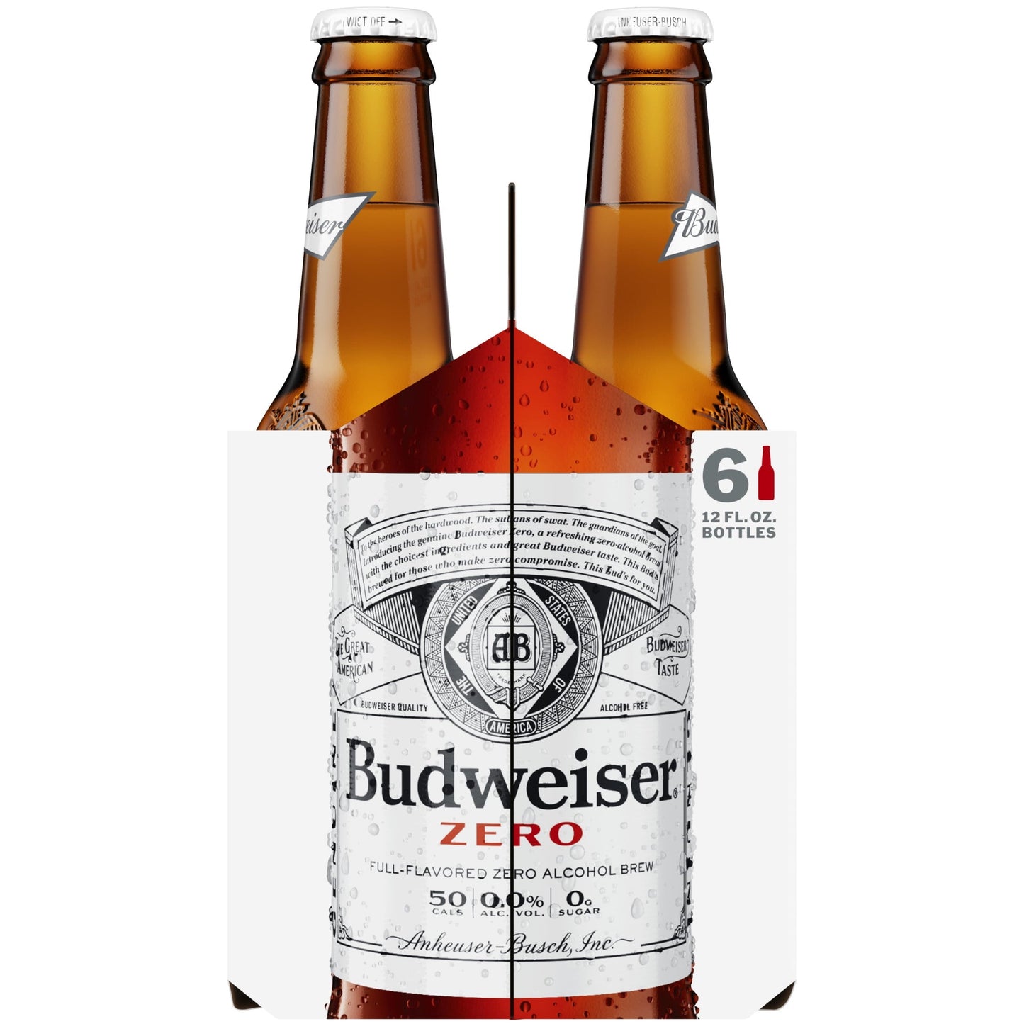 Budweiser Zero Non-Alcoholic Beer, 6 Pack 12 fl. oz. Glass Bottles, Domestic Lager, 0.0% ABV