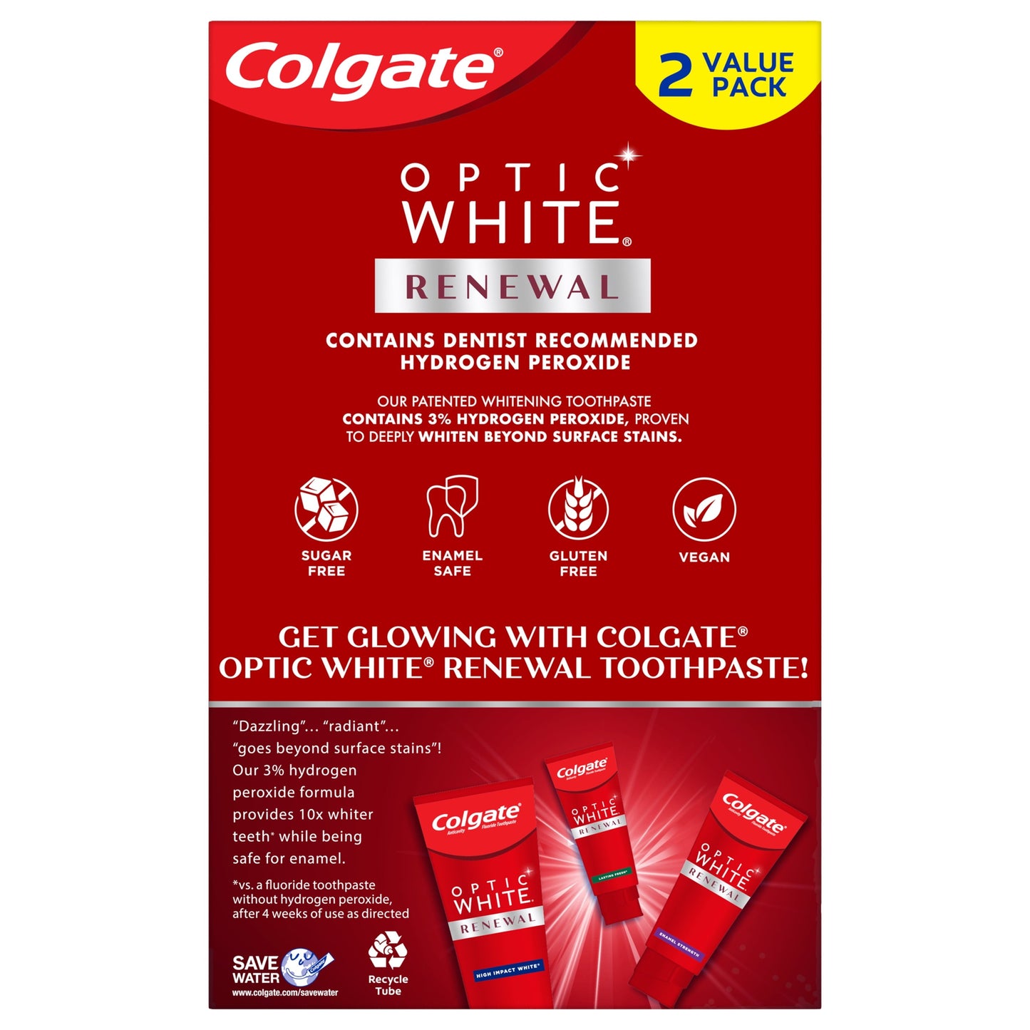 Colgate Optic White Renewal Teeth Whitening Toothpaste, High Impact White, 3 Oz, 2 Pack