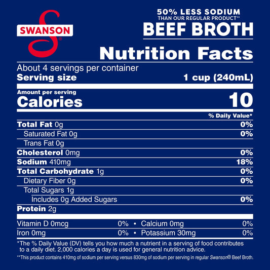 Swanson 100% Natural, 50% Less Sodium Beef Broth, 32 oz Carton