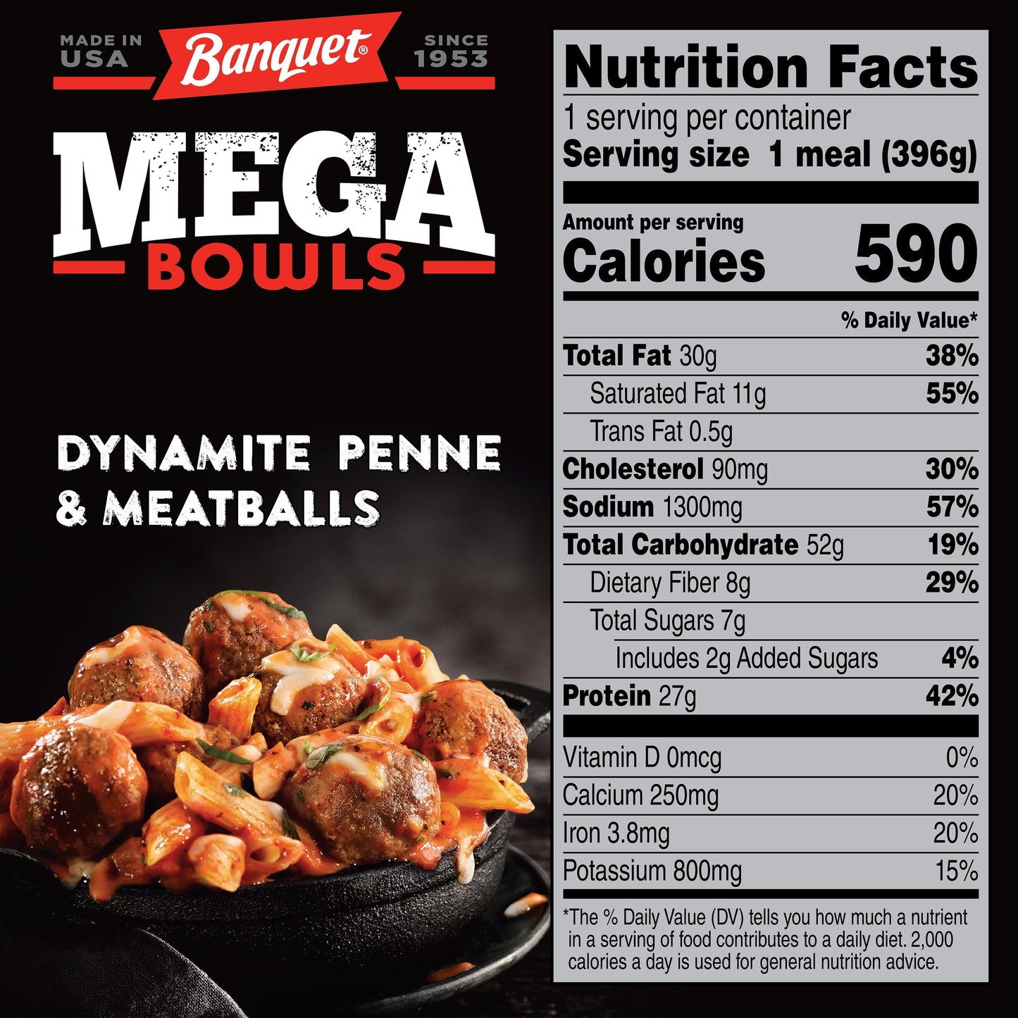 Banquet Mega Bowls Dynamite Penne & Meatballs Frozen Meal, 14 oz (Frozen)