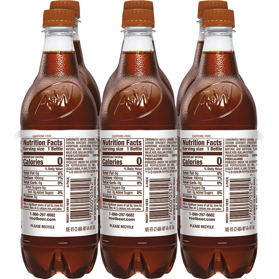 A&W Zero Sugar Root Beer Soda, .5 L bottles, 6 pack