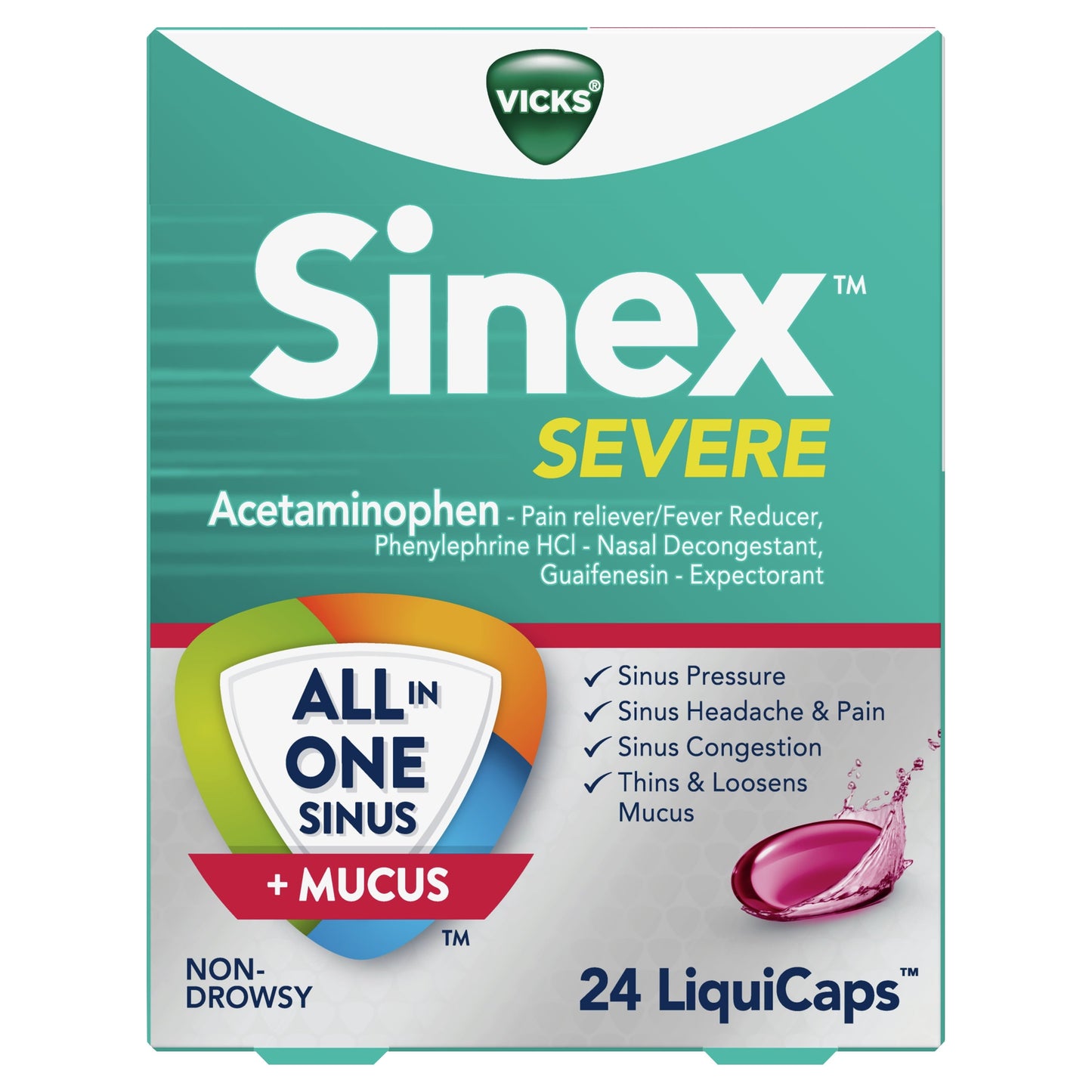 Vicks Sinex Severe LiquiCaps, Non-Drowsy Mucus +Sinus Relief, Over-the-Counter Medicine, 24 Ct