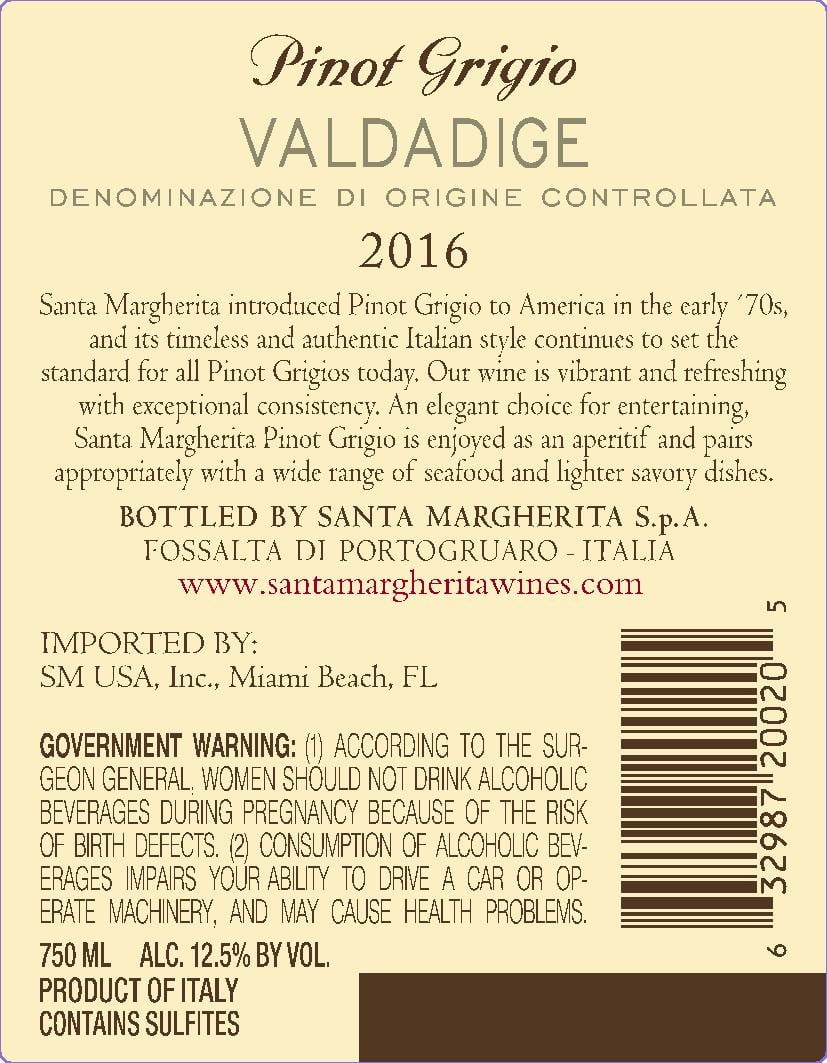 Santa Margherita Pinot Grigio White Wine, Italy, 12.5% ABV, 750 ml Glass Bottle, 5-150ml Servings.