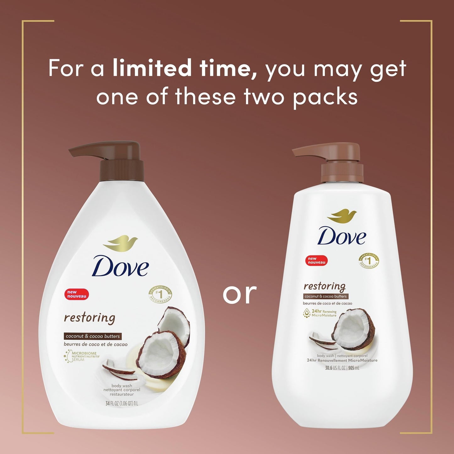 Dove Restoring Long Lasting Gentle Body Wash, Coconut and Cocoa Butter, 30.6 fl oz