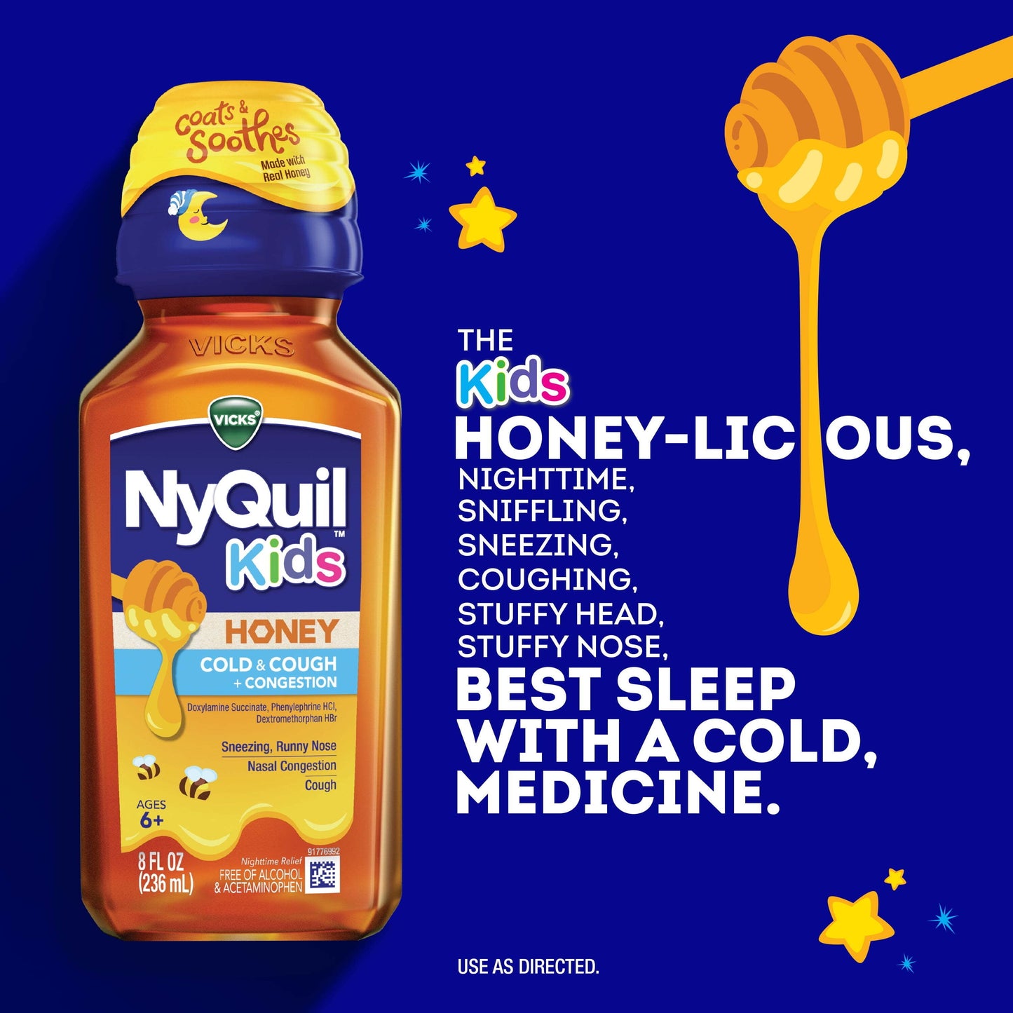 Vicks NyQuil Kids Honey Cold & Cough + Congestion Liquid Medicine, over-the-counter Medicine, 8 oz