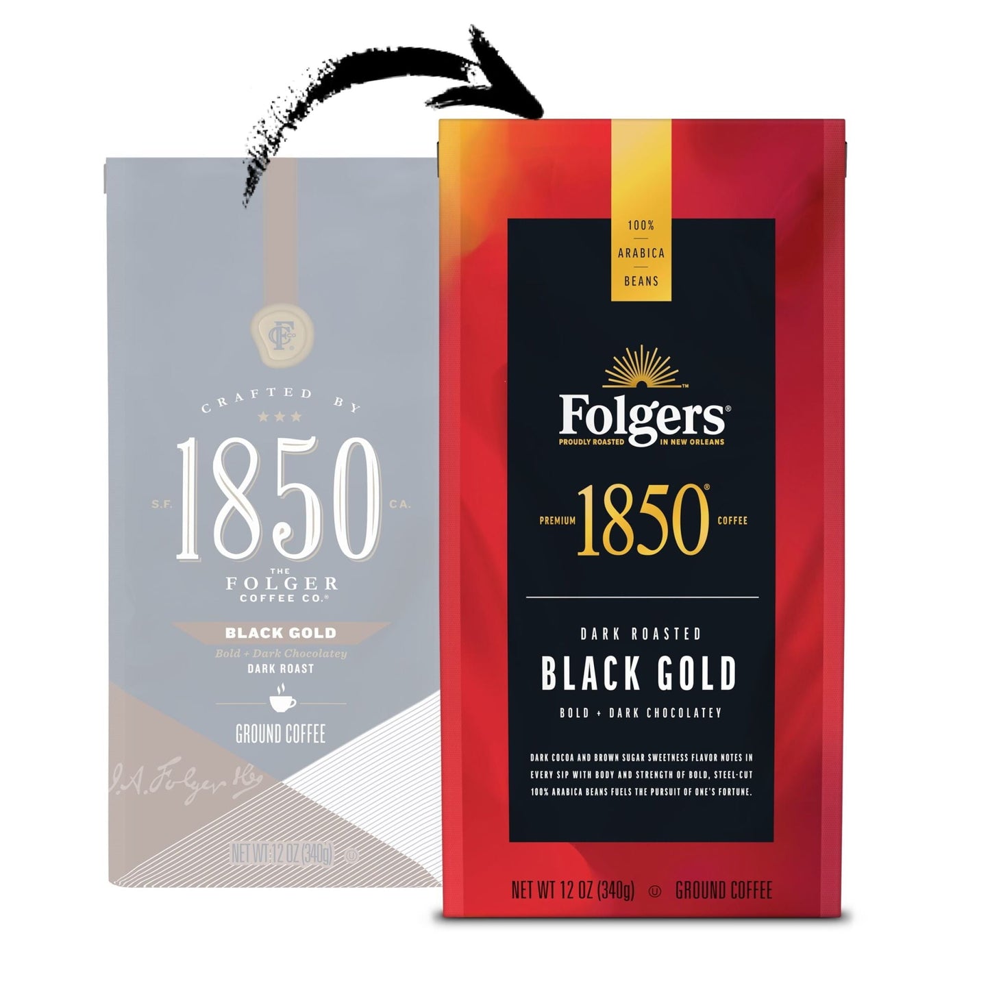 1850 Black Gold Coffee, Dark Roast Ground Coffee, 12 oz