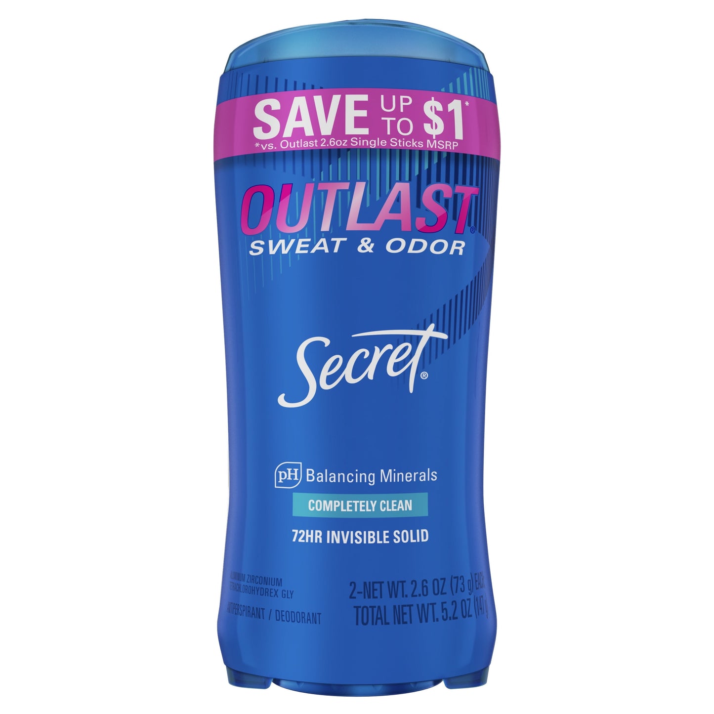 Secret Outlast Invisible Solid Antiperspirant and Deodorant Completely Clean, 2.6 oz Pack of 2