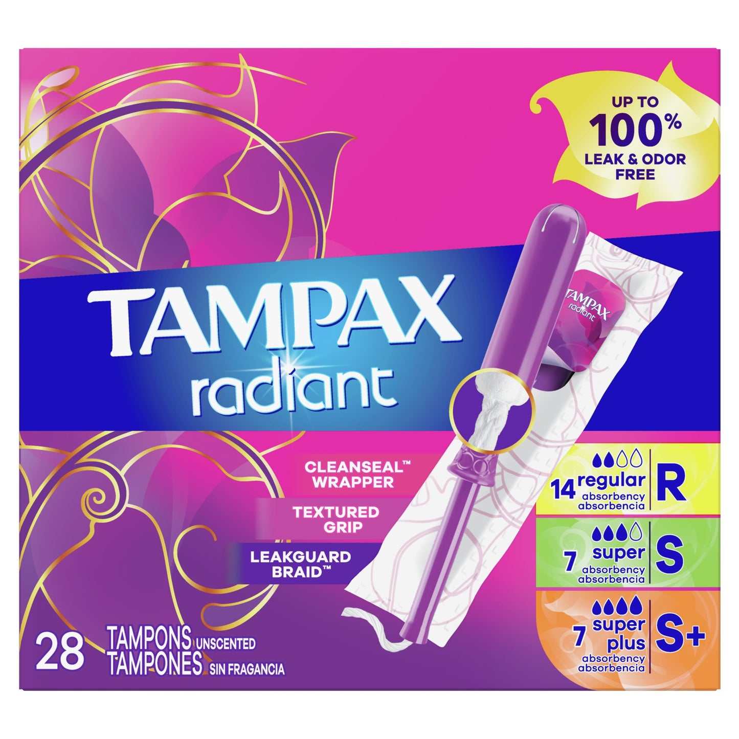 Tampax Radiant Tampons Trio Pack with LeakGuard Braid, Regular/Super/Super Plus Absorbency, 28 Count